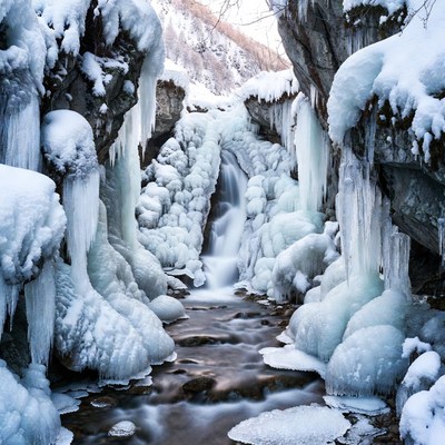 Frozen Waterfall in Snowy Canyon