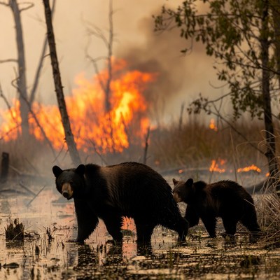 Mother black bear and cubs near wildfire