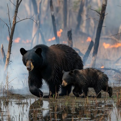 Mother Black Bear with Cub in Wildfire