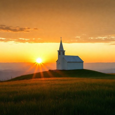 White Church on Hill at Sunset