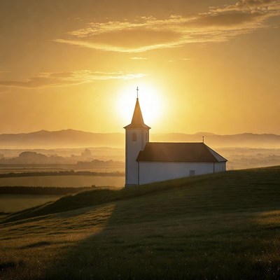 White Church at Sunset on Hill