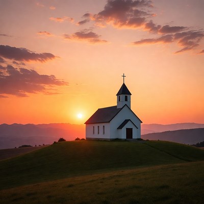 White Chapel on Hill at Sunset
