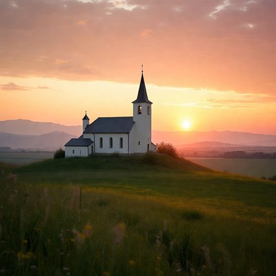 White Church on Hill at Sunset