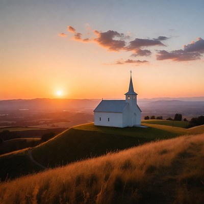 White chapel on hill at sunset