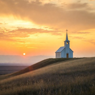 White chapel on hill at sunset