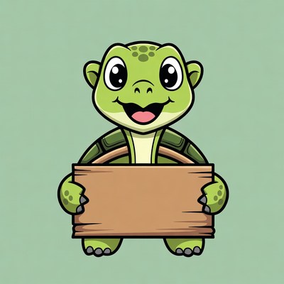 Cute turtle holding wooden sign