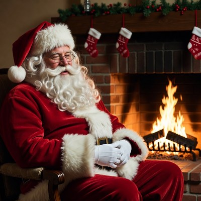Santa Claus sitting by fireplace