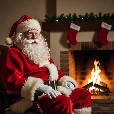 Santa Claus sitting by fireplace