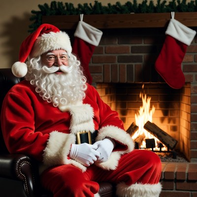 Santa Claus sitting by fireplace