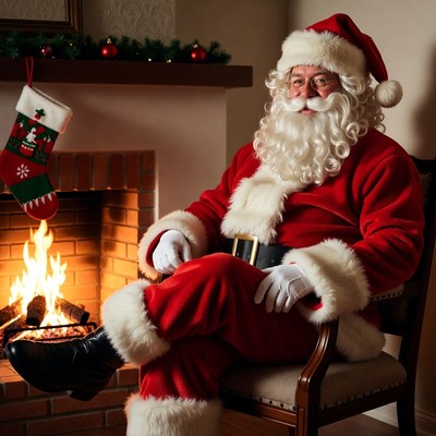 Santa Claus sitting by fireplace