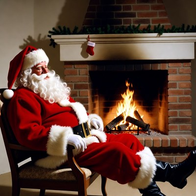Santa Claus relaxing by fireplace