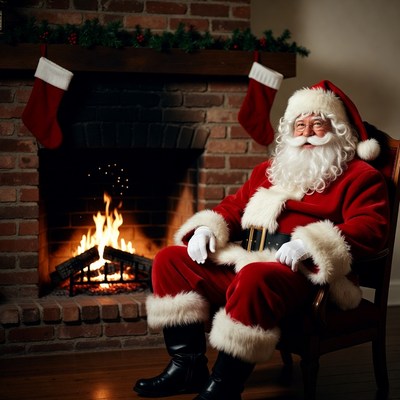 Santa Claus sitting by fireplace