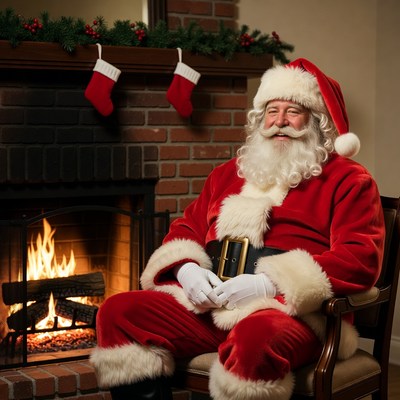 Santa Claus sitting by fireplace