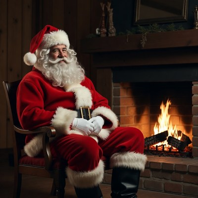 Santa Claus sitting by fireplace