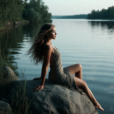 Woman sitting on rock by river