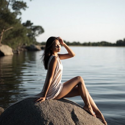 Asian woman sitting on rock by lake