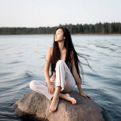 Asian woman sitting topless on rock by lake