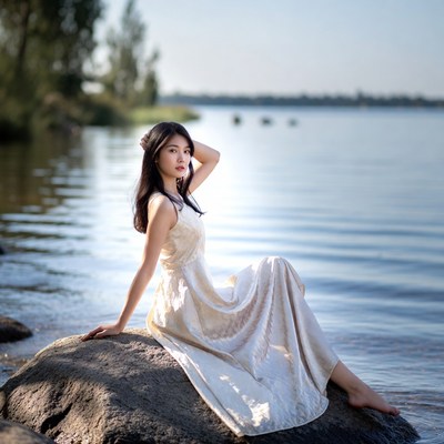 Asian woman in white dress by lake
