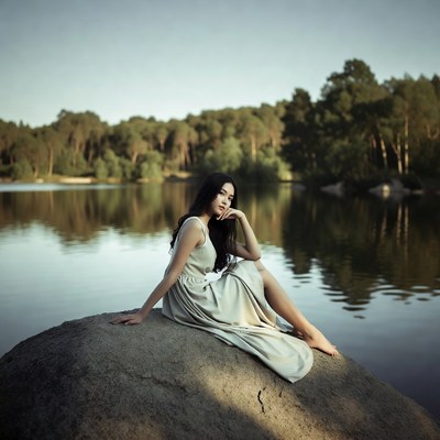 Asian woman sitting on rock by lake