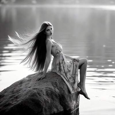 Woman sitting on rock by lake