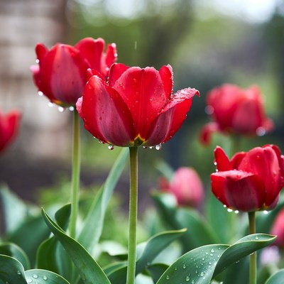 Red Tulips with Dew Drops