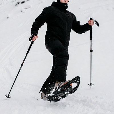 Man snowshoeing with poles in snow