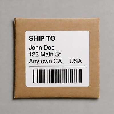 Brown shipping box with address label