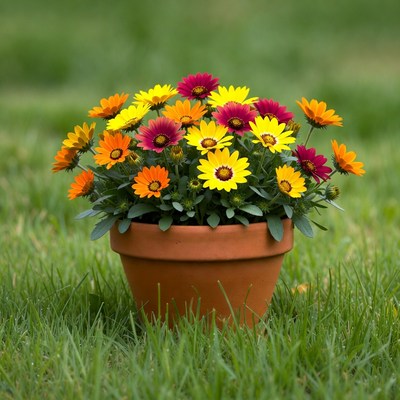 Colorful Daisies in Terracotta Pot