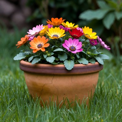Colorful Daisies in Terracotta Pot