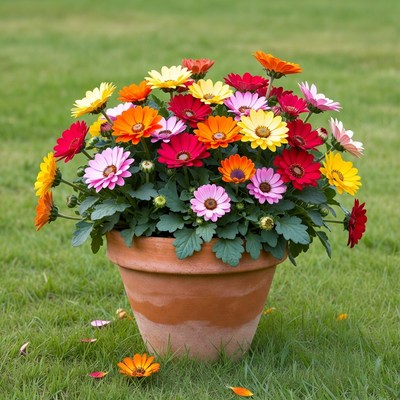 Colorful Daisies in Terracotta Pot on Grass