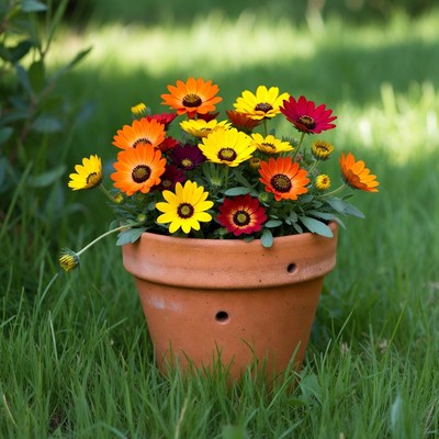 Colorful Daisies in Terracotta Pot on Grass