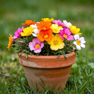Colorful Flowers in Terracotta Pot