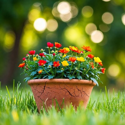 Colorful Flowers in Terracotta Pot on Grass