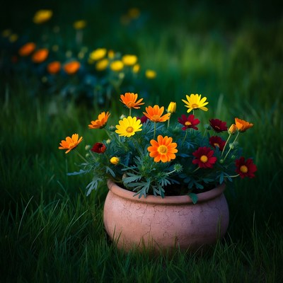 Colorful Daisies in Terracotta Pot on Grass