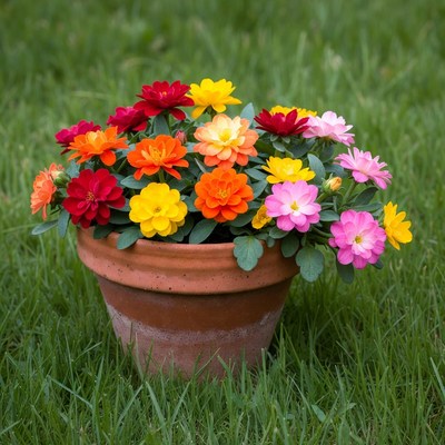 Colorful Flowers in Terracotta Pot on Grass