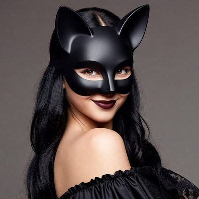 Woman wearing black cat mask