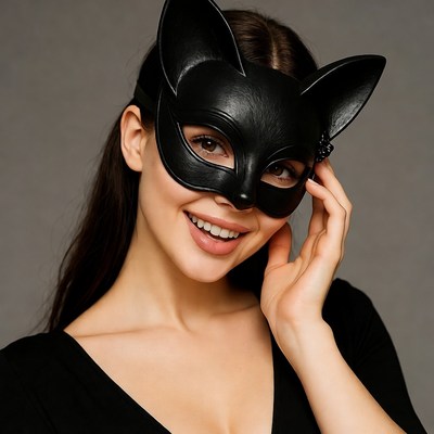 Woman wearing black cat mask