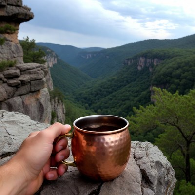Hand holding copper mug on mountain cliff