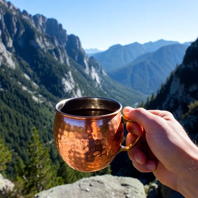 Hand holding copper mug with mountain view