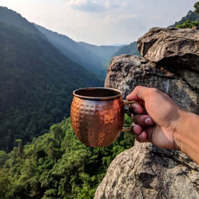 Hand holding copper mug over mountain valley