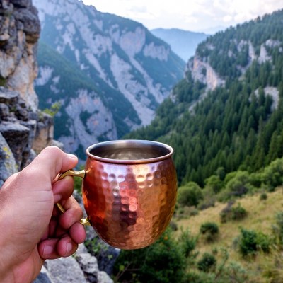 Hand holding copper mug with mountain view
