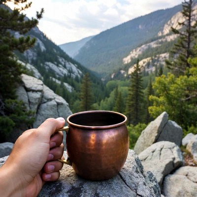 Hand holding copper mug on mountain overlook