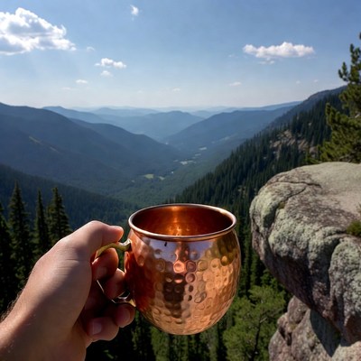 Man holding copper mug on mountain cliff