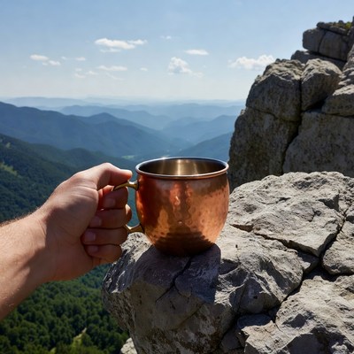 Man holding copper mug on mountain cliff