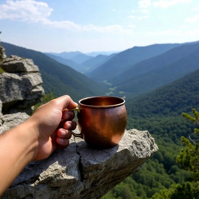 Hand holding copper mug over mountain view