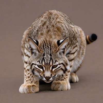 Bobcat crouching on brown background