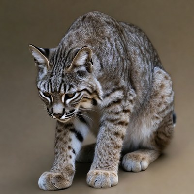 Bobcat crouching on isolated background