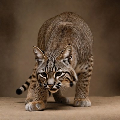 Bobcat crouching on neutral background