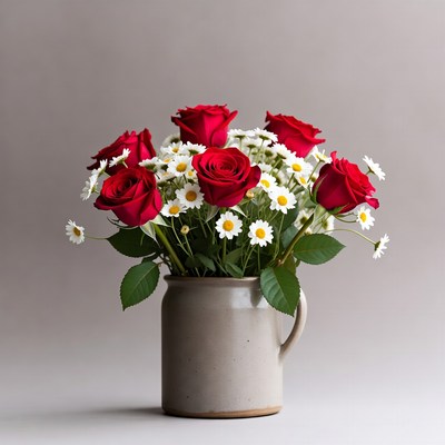 Red Roses and Daisies in Gray Jug