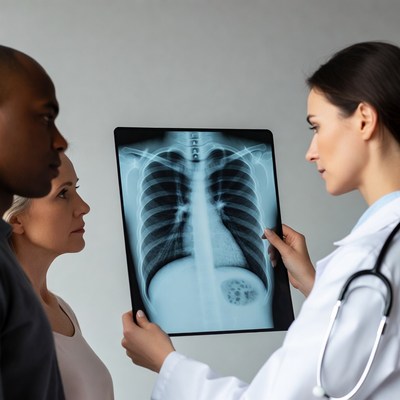 Doctor showing chest x-ray to couple